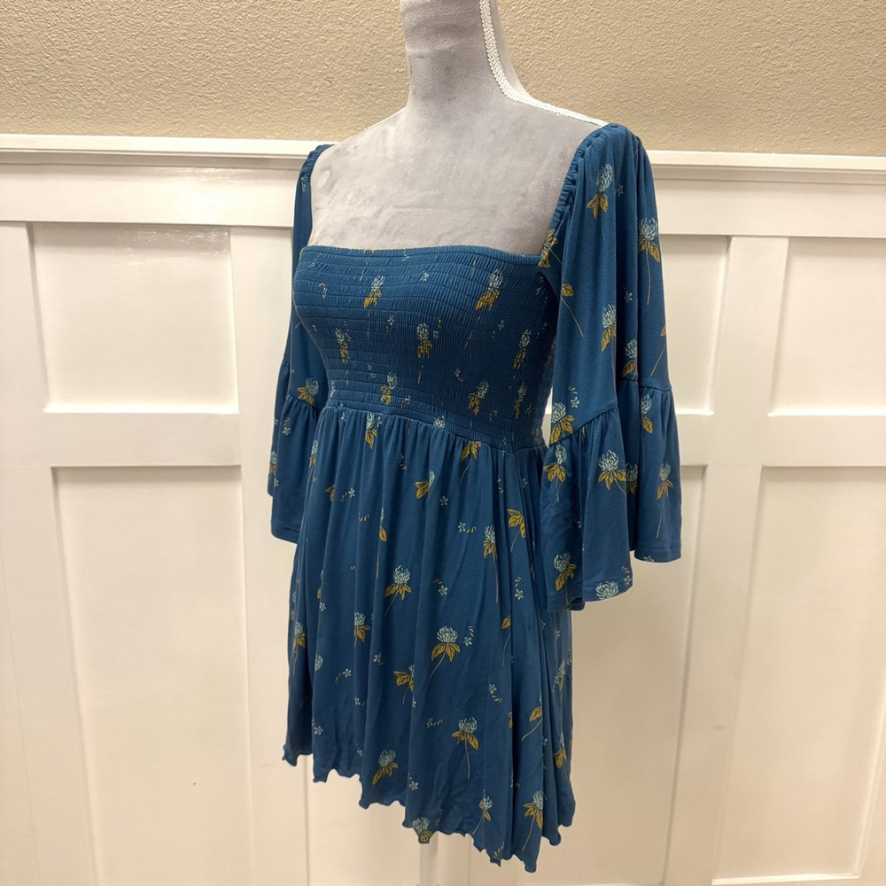 Free People Lana Tunic Top Blouse Size:S Off Shoulder Blue Floral Smocked Teal - Picture 5 of 12
